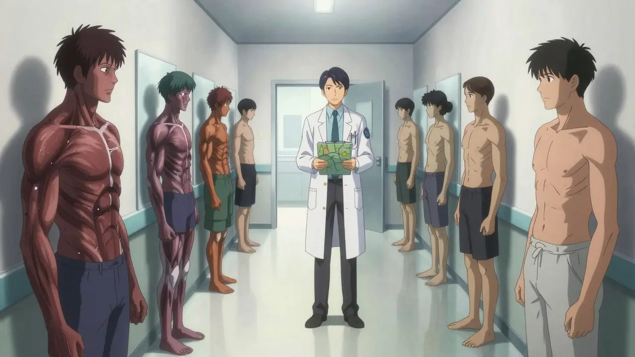 Patient navigating health risks in a mirror-filled medical corridor, anime style.