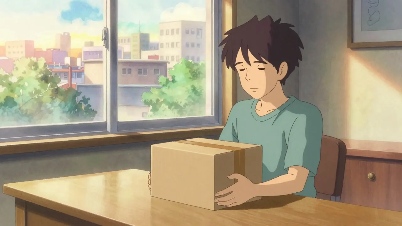 Person receiving discreet medication delivery package at home