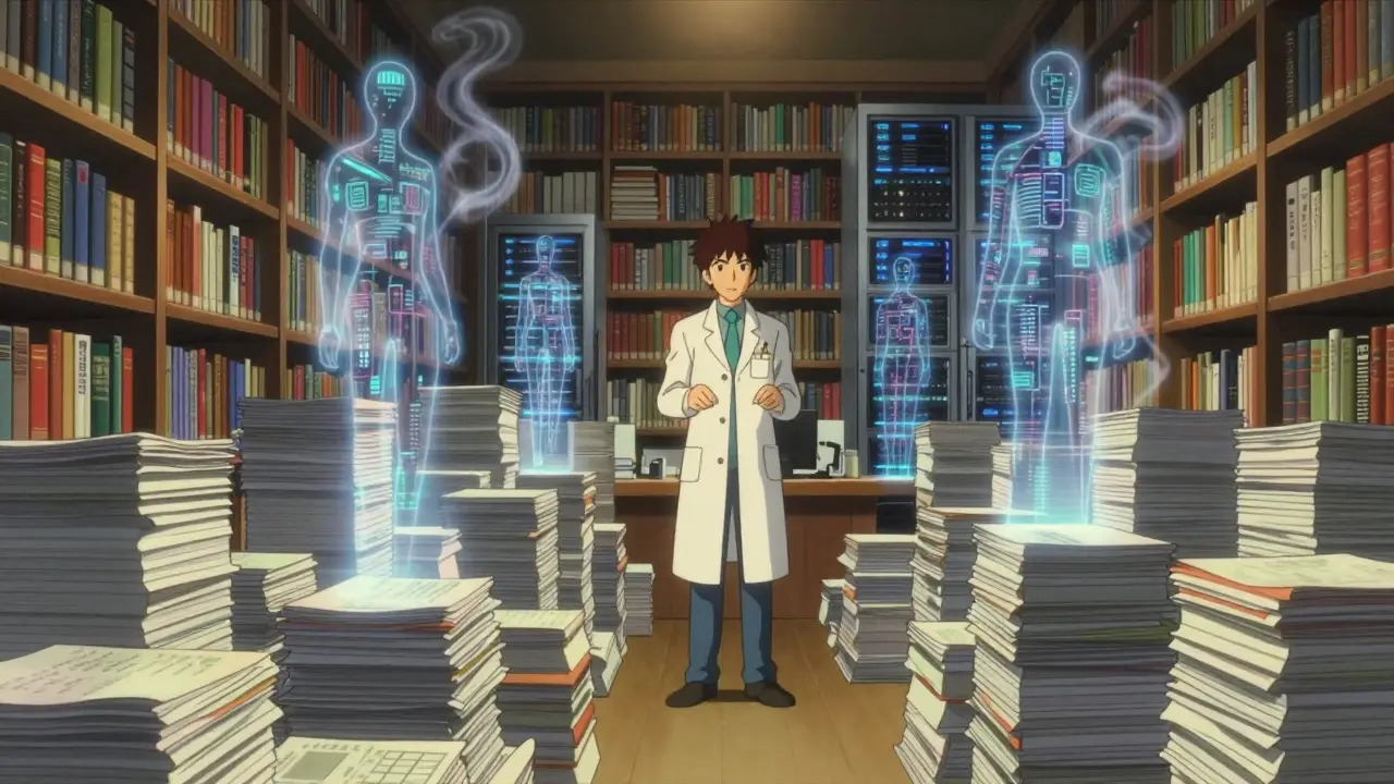 Pharmacist surrounded by holographic AI data in a surreal library