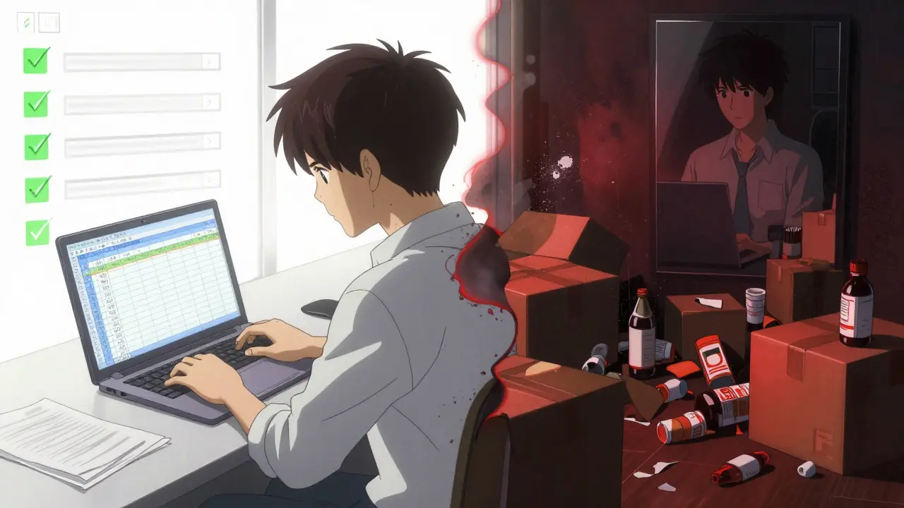 Split screen anime scene contrasting organized tracking with chaotic hoarding