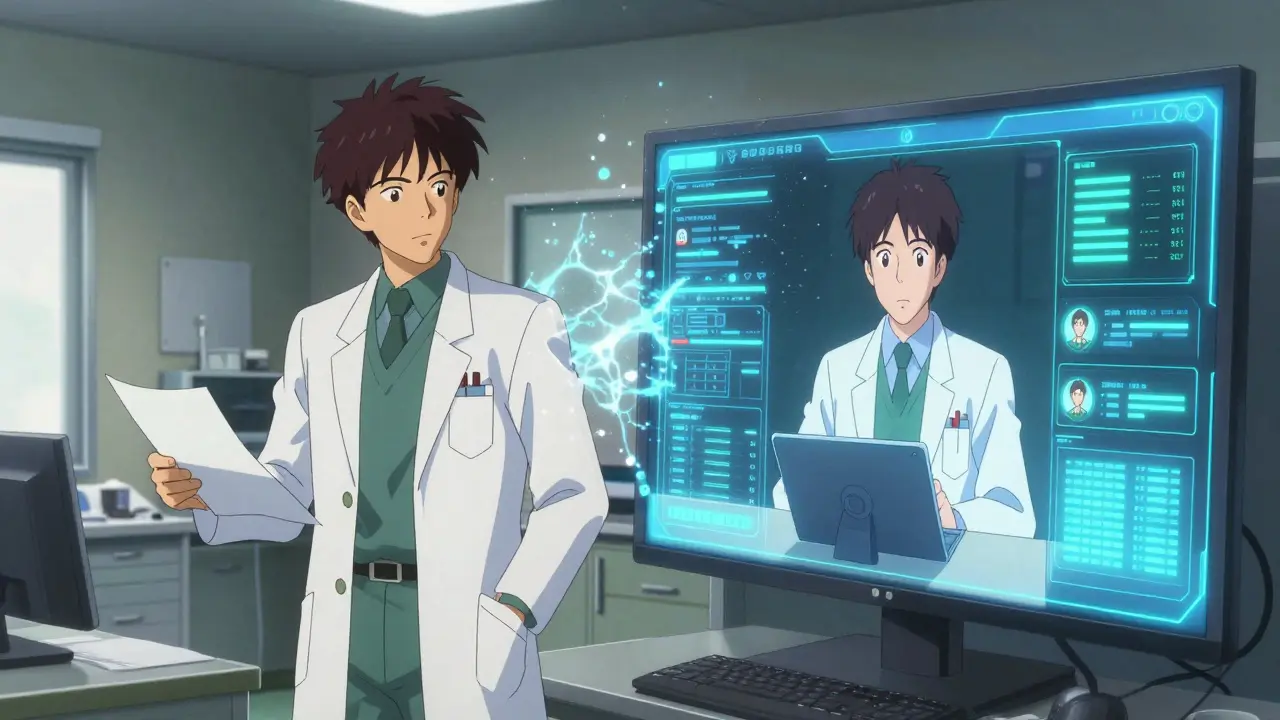 Split screen of doctor visit and telehealth app merging in anime style
