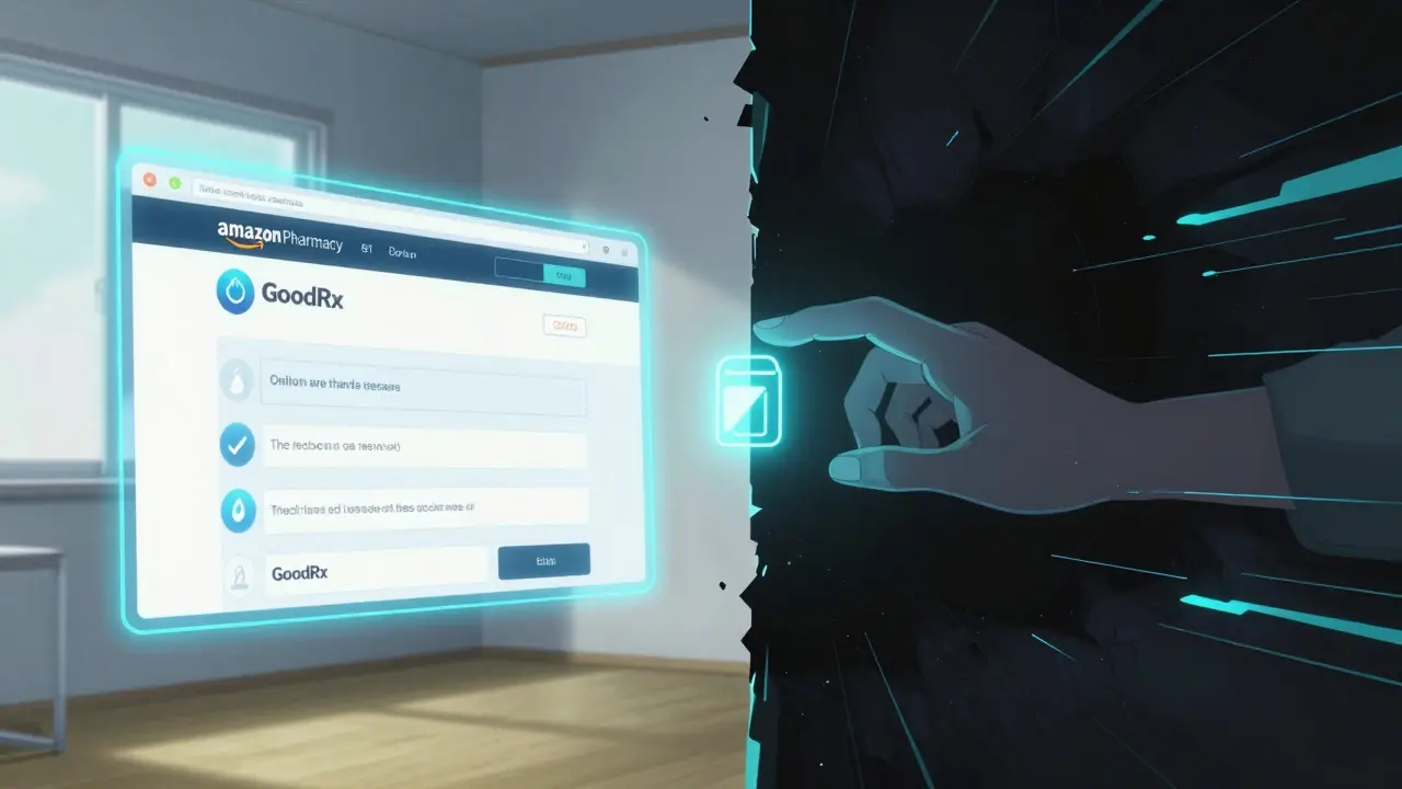 Split screen showing safe vs unsafe online pharmacy interfaces