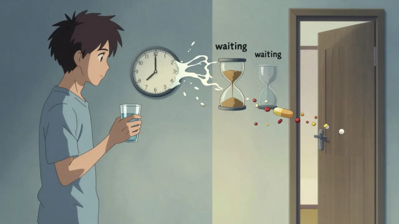 Stylized anime scene showing a person waiting two hours for medication timing