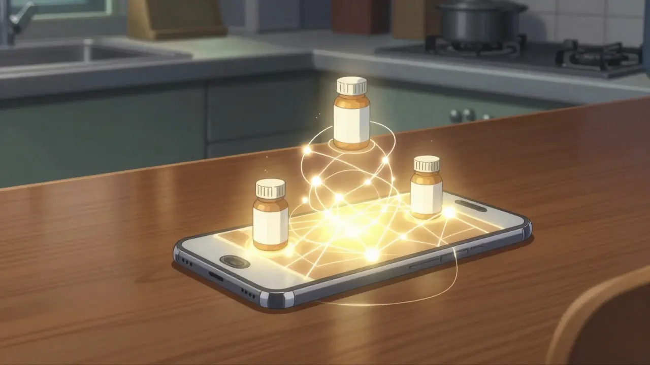 Surreal anime scene showing a phone sending warm light to protect medication bottles.