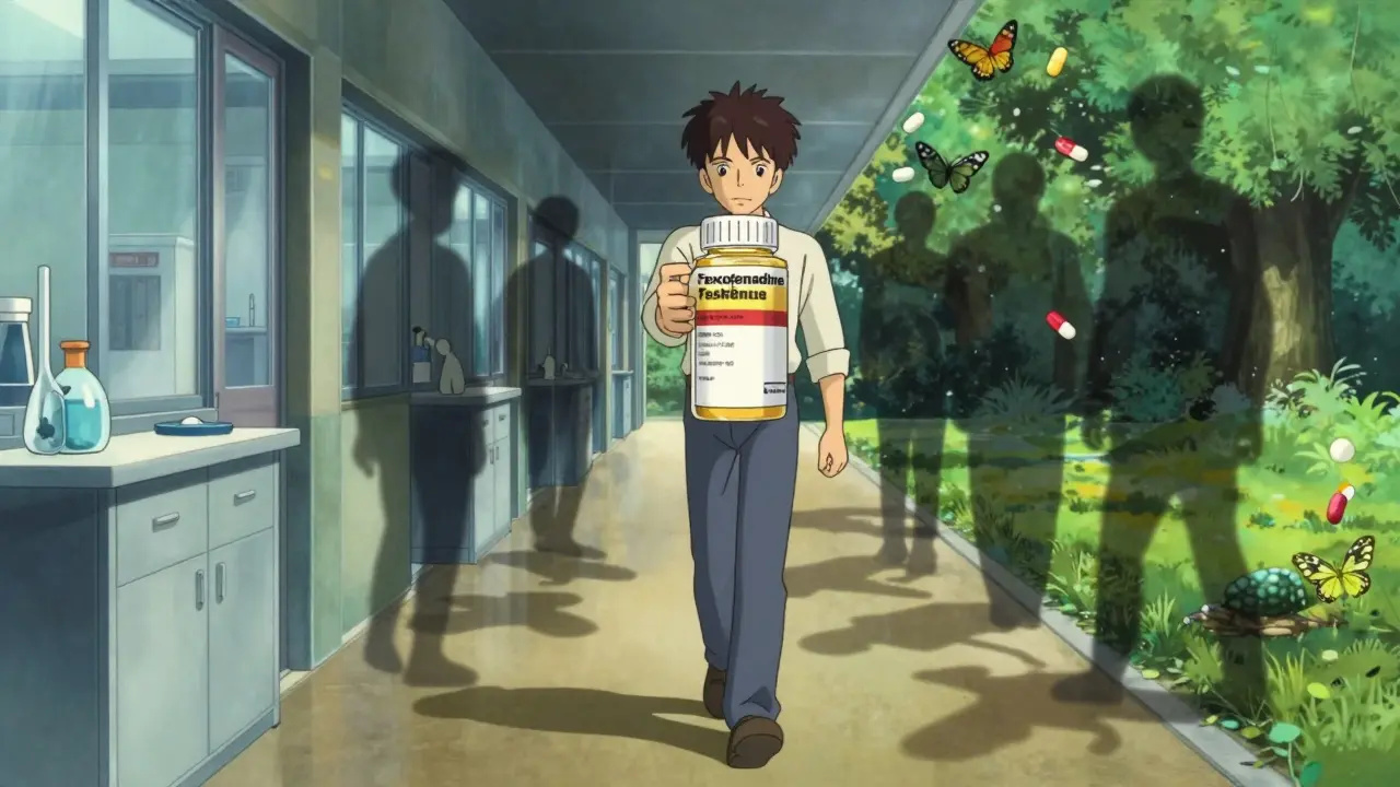 Surreal anime scene showing safe purchase of generic allergy relief