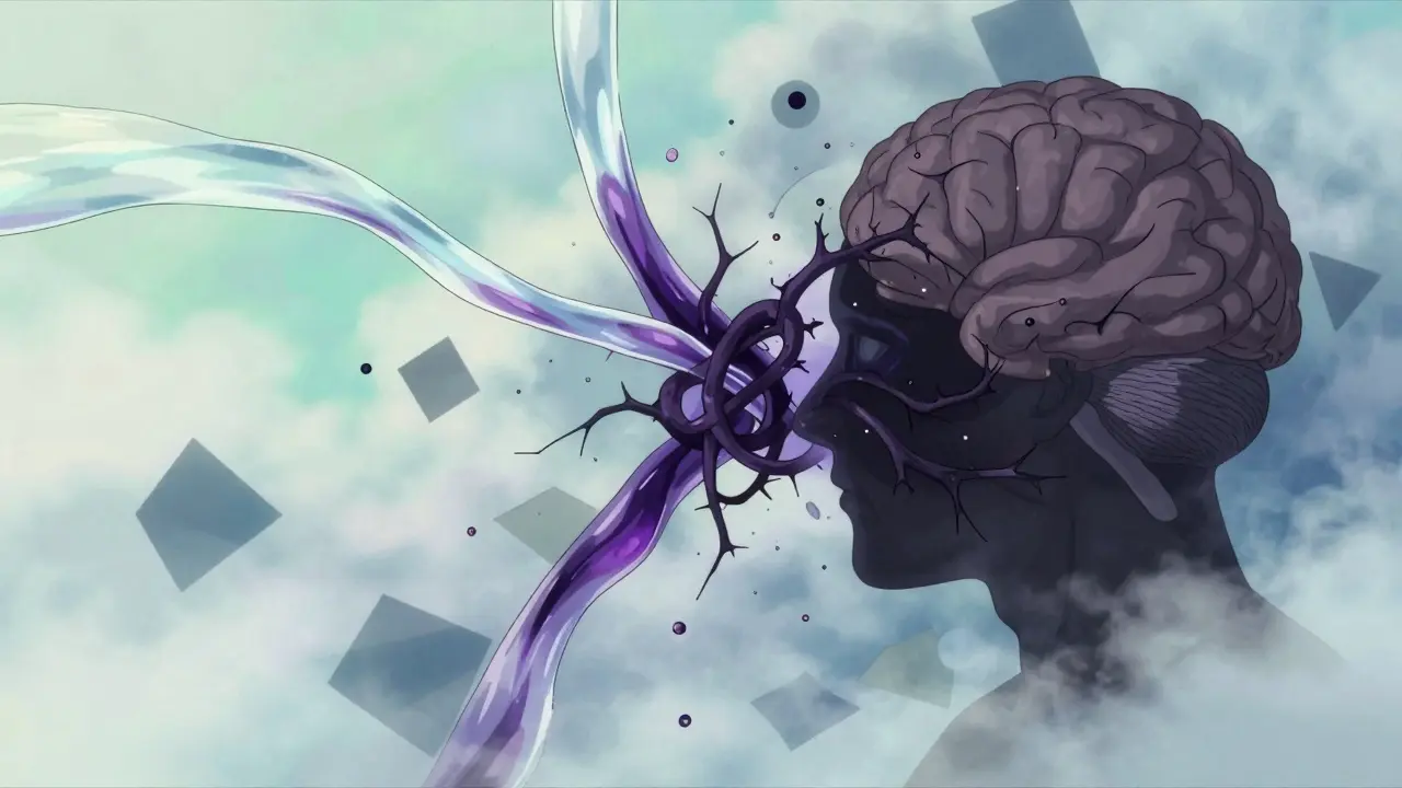 Abstract art of colliding drug streams forming a knot around a brain