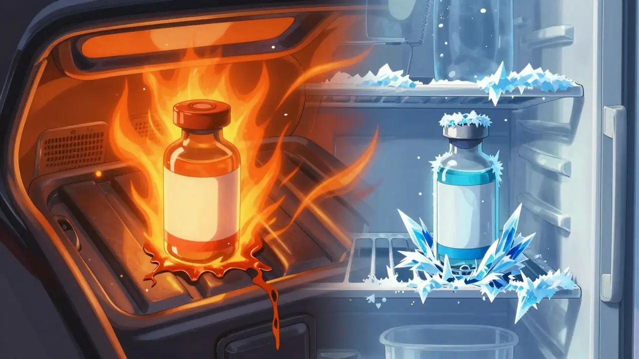 Anime art of meds degrading in hot car and frozen fridge