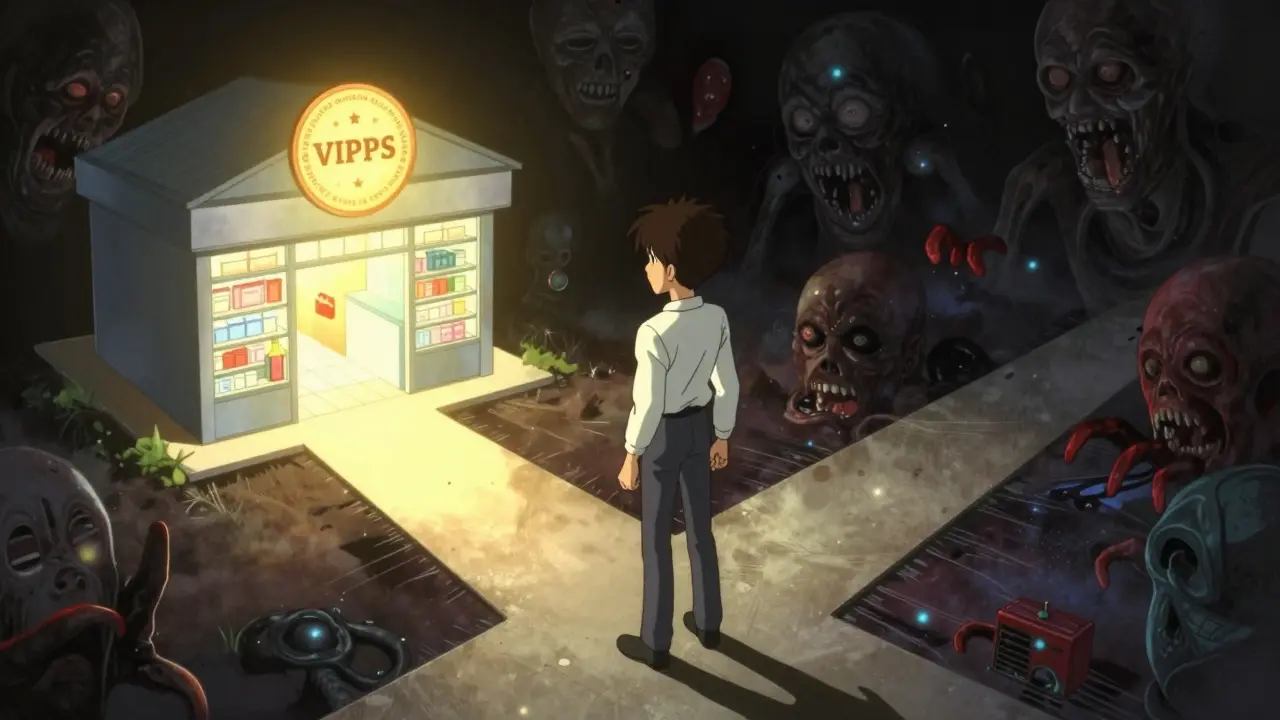 Character choosing a safe, bright pharmacy path over a dark, glitchy dangerous one.