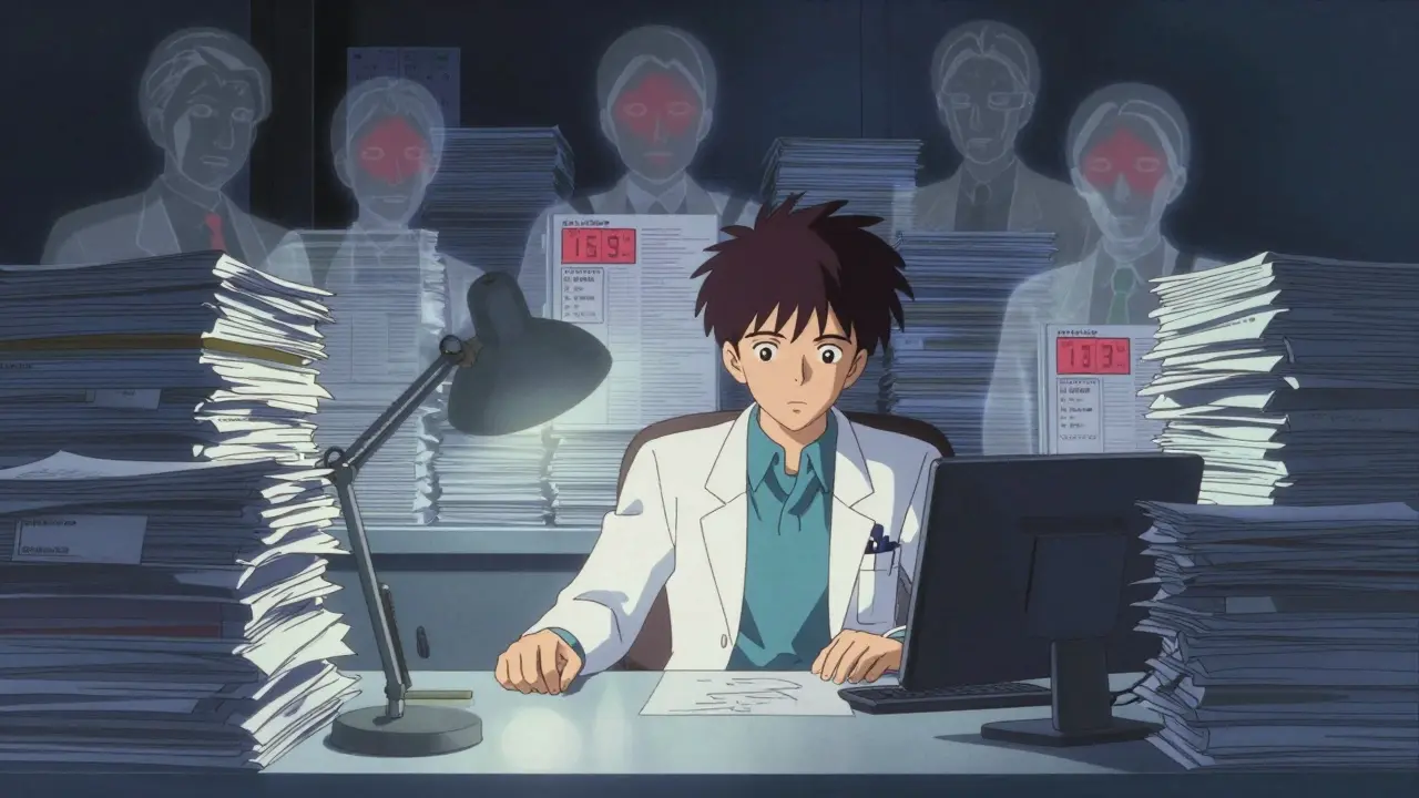 Doctor exhausted by stacks of prior authorization forms at night