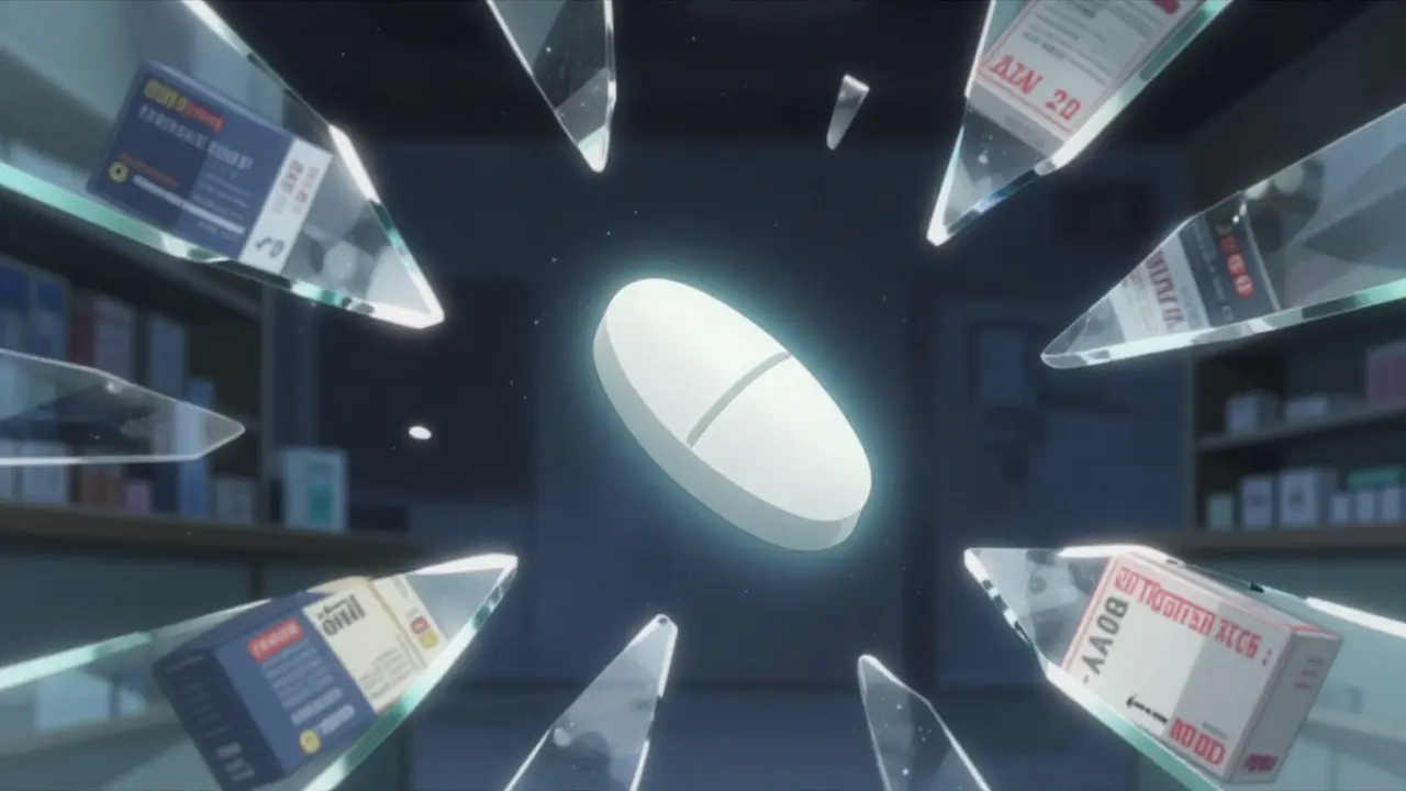 Floating generic pill surrounded by shattering expensive brand boxes