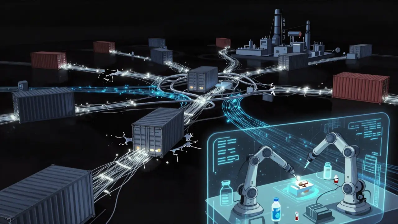 Futuristic anime visualization of fragile global supply chains and AI integration