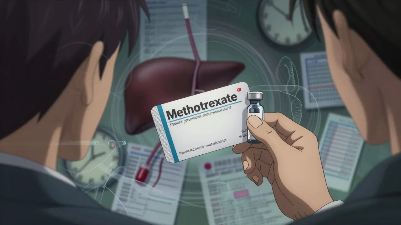 Hand holding methotrexate pills and vial with medical background