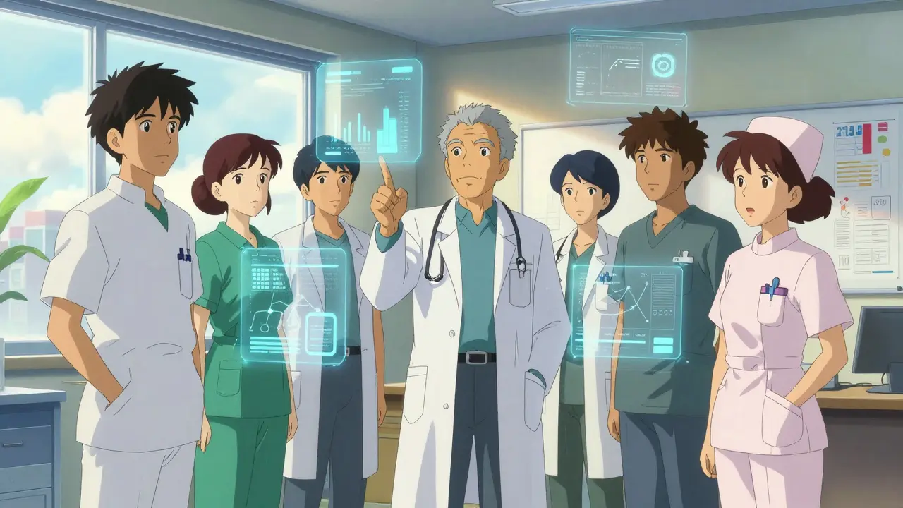 Healthcare team huddling with AR overlays in a bright, futuristic clinic, anime style.