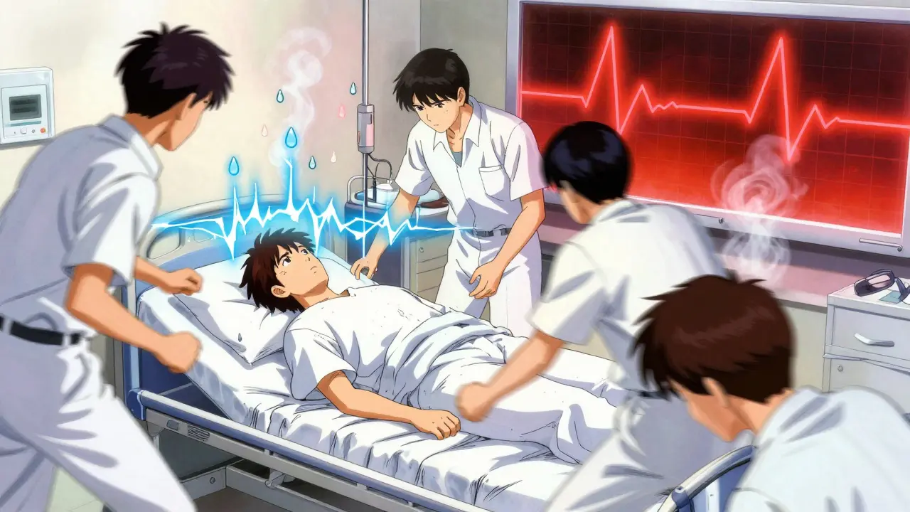 Hospital scene with visual effects of muscle spasms and racing heart rate