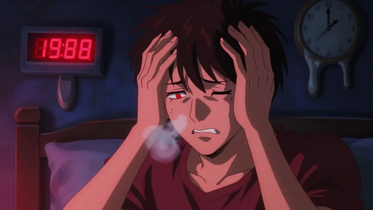 Man pacing in night, clutching head, with red eye and surreal clock