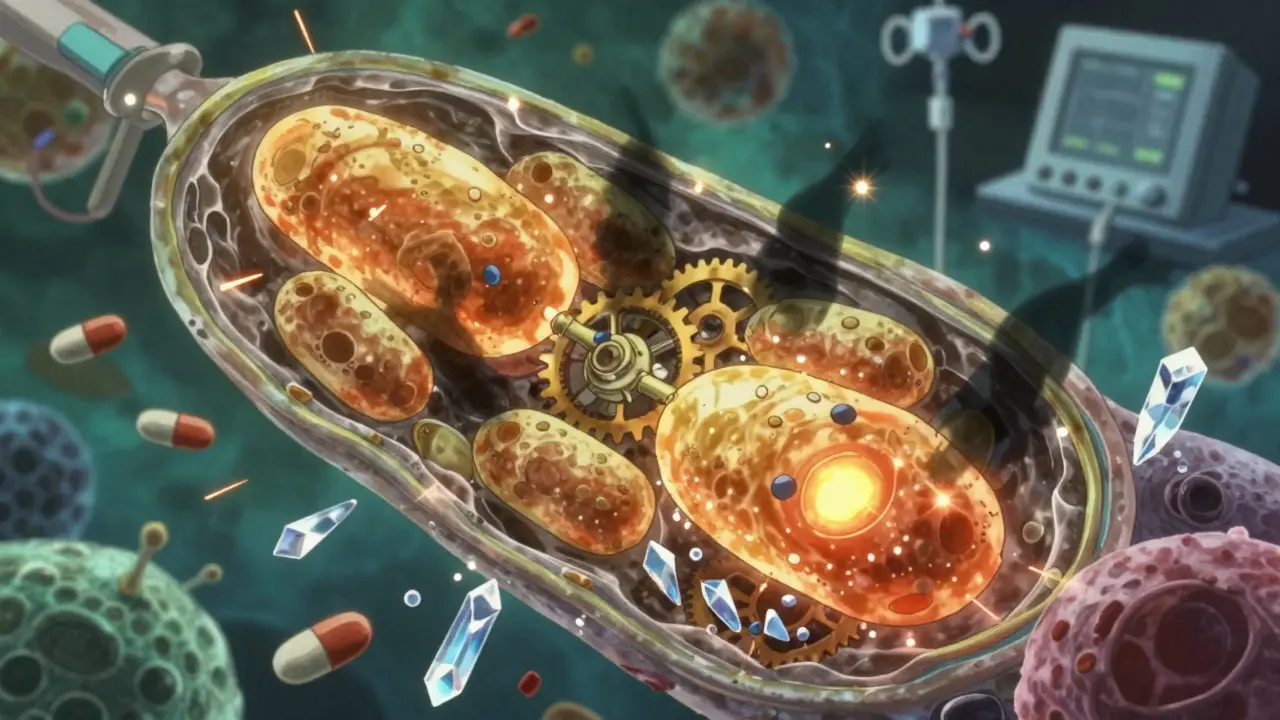 Manga art of mitochondria failing as drugs block energy production pathways