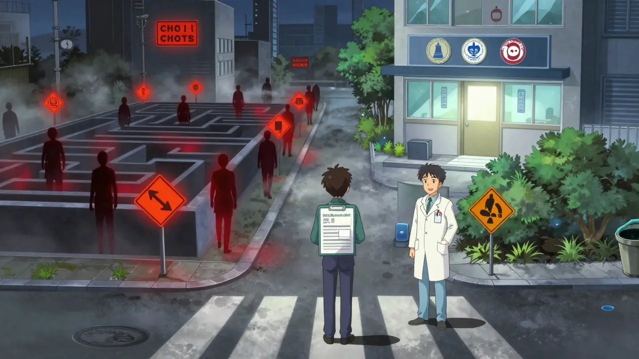 Person choosing safe telehealth path over dark scam maze in dreamscape