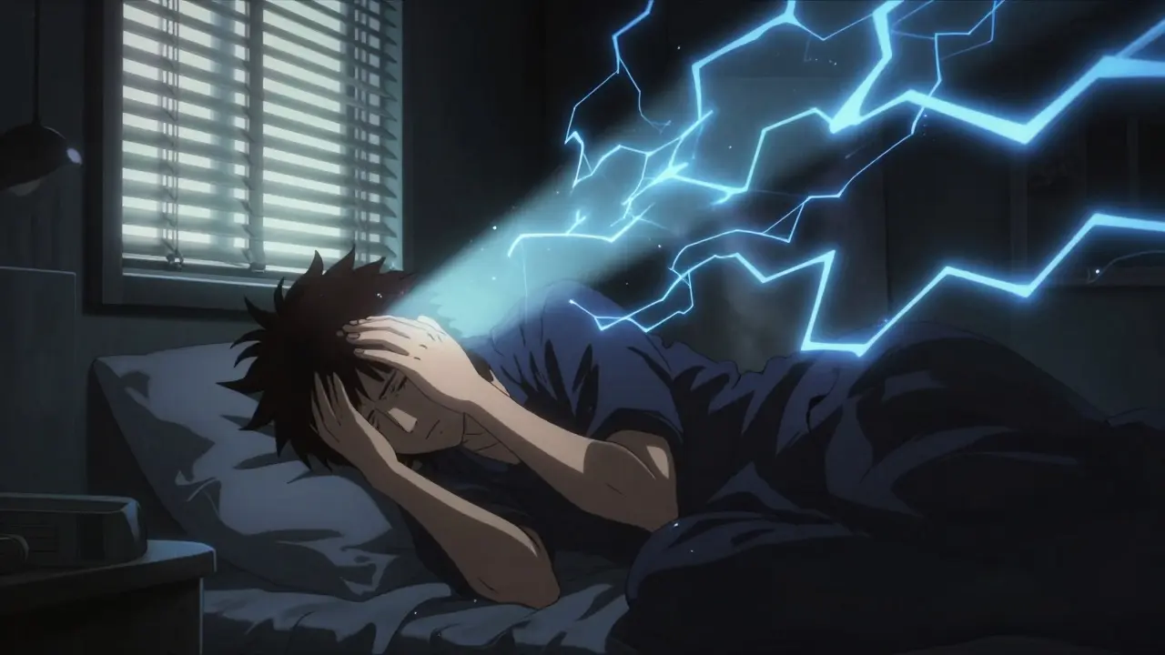 Person lying in dark room surrounded by jagged light and neural swirls