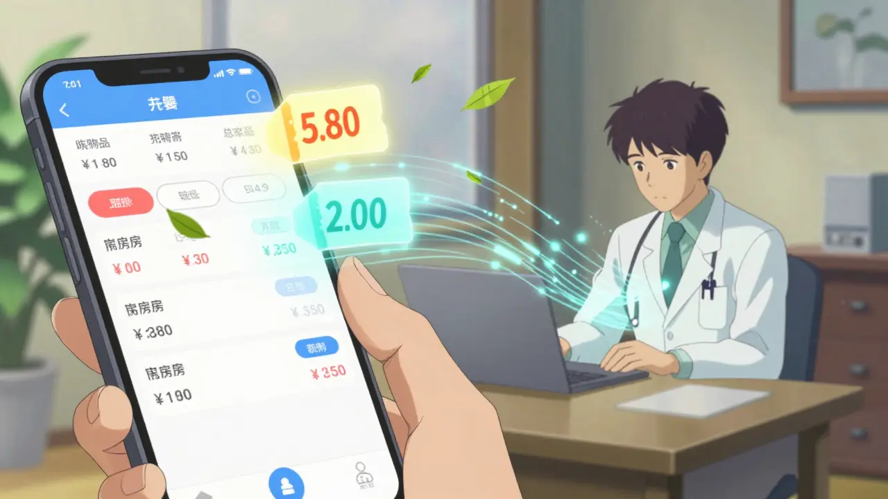 Split scene showing telehealth consultation and floating digital discount coupons.