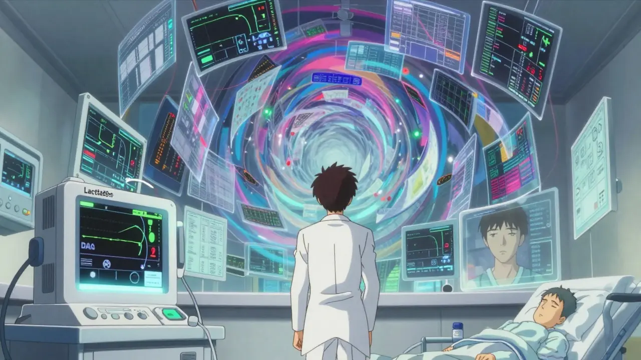 Surreal anime ICU scene with spiraling data screens and glowing monitor