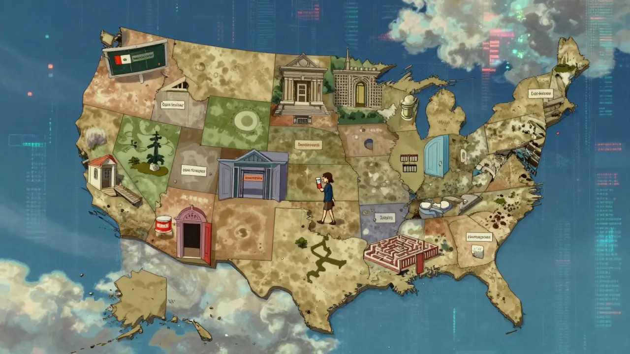 Surreal map of US states showing varying Medicaid drug coverage rules