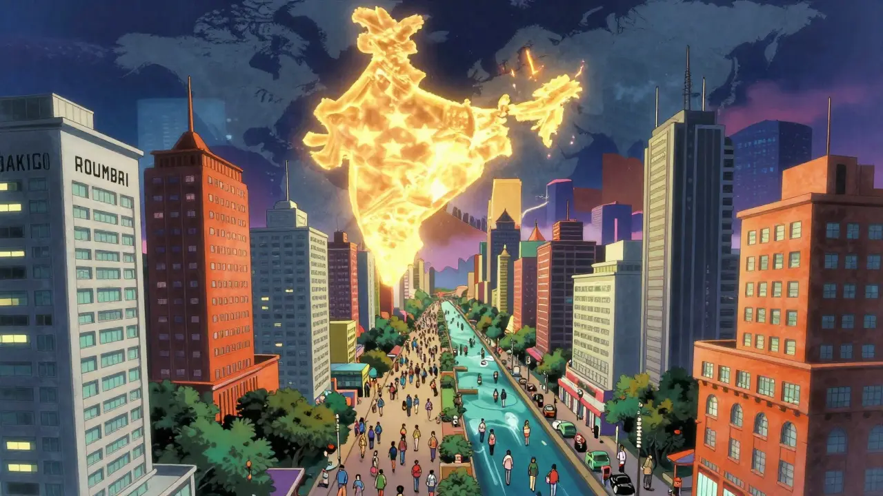 Vibrant anime cityscape merging Asian and South American hubs for pharma growth