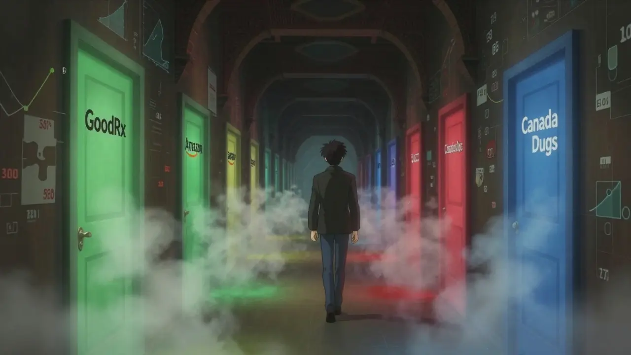 A dreamlike anime corridor scene where a person walks past doors representing different pharmacy platforms, each emitting colored mists and surrounded by shifting price graphs, illustrating the confusing landscape of choosing the right medication service.