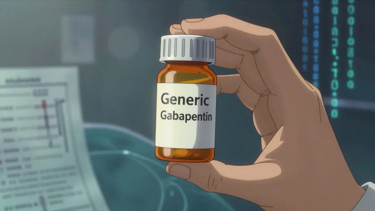 A glowing generic gabapentin bottle is held against a surreal background of flowing medical data and code, symbolizing safe and accessible medication.