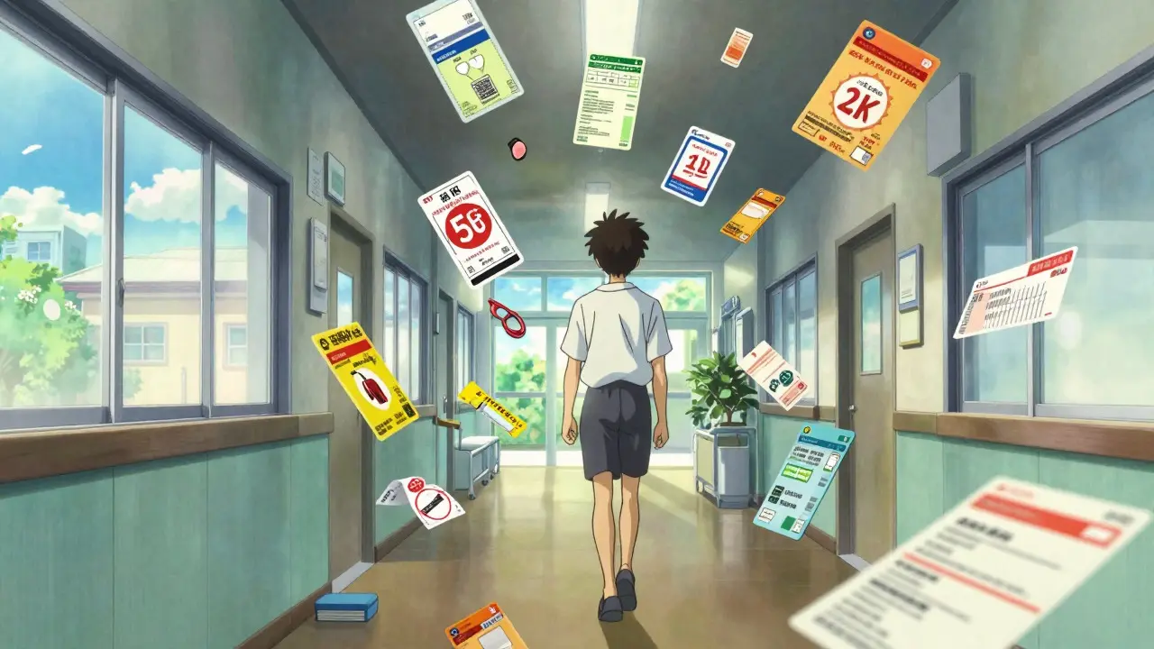 A patient walks through a transforming hallway from sterile hospital to bright open space, surrounded by floating insurance and prescription elements, representing relief and affordability.