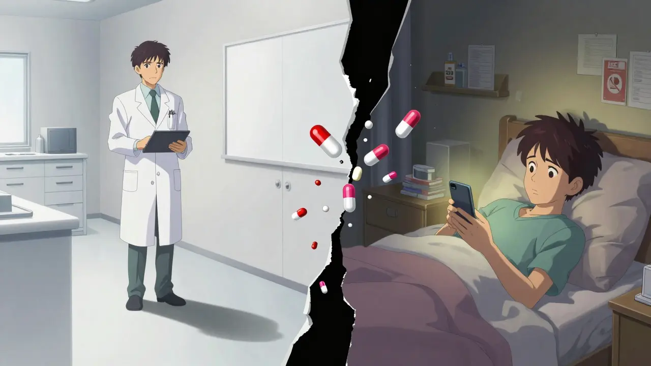A split-screen anime illustration contrasting a sterile doctor's office with a cozy bedroom, connected by a surreal tear in reality showing pills transforming into logos, highlighting the transition from professional diagnosis to personal management of healthcare costs.