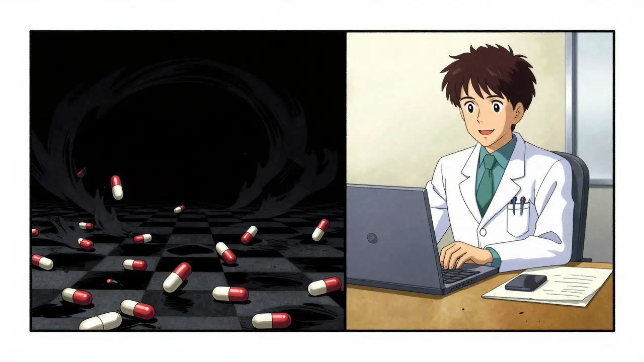 A split-screen anime panel contrasts a dark void of counterfeit pills with a bright, safe telehealth consultation, highlighting the risks of scams versus legitimate care.