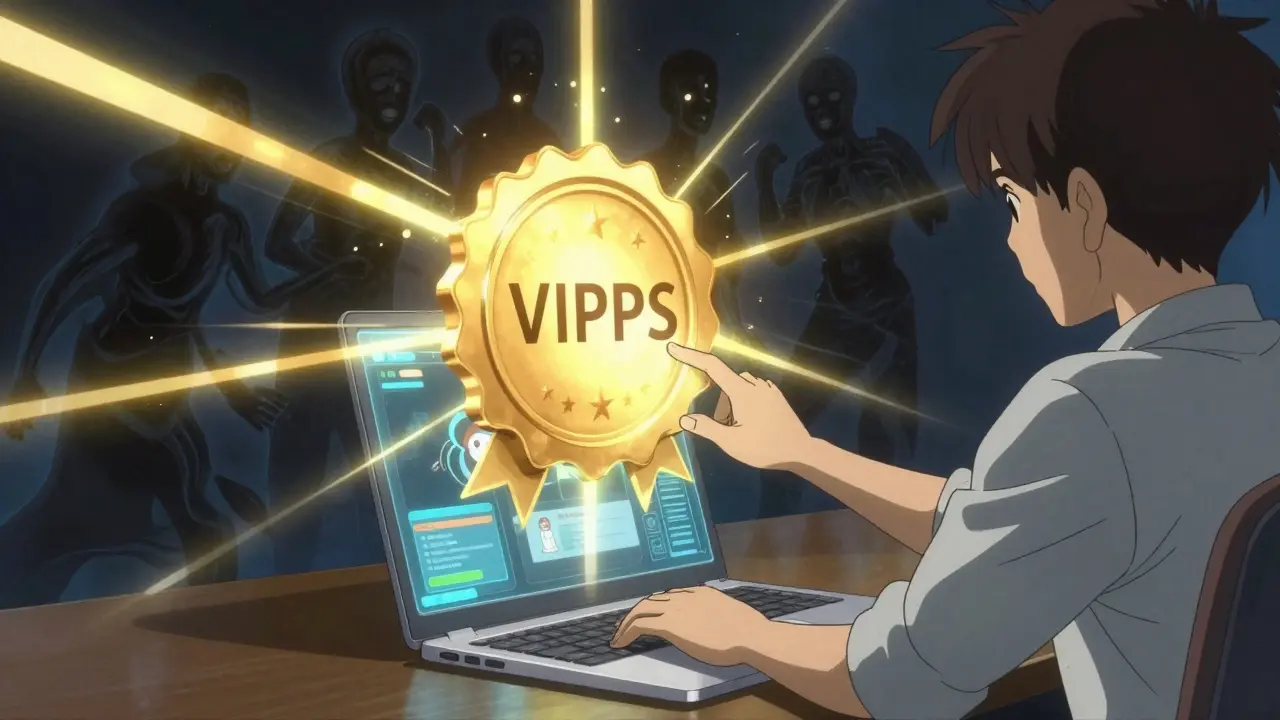 An anime key visual depicting a user interacting with a holographic safety seal on a laptop, with dark shadowy figures of counterfeit pharmacies being repelled by golden light, symbolizing the importance of verifying legitimate online pharmacies.