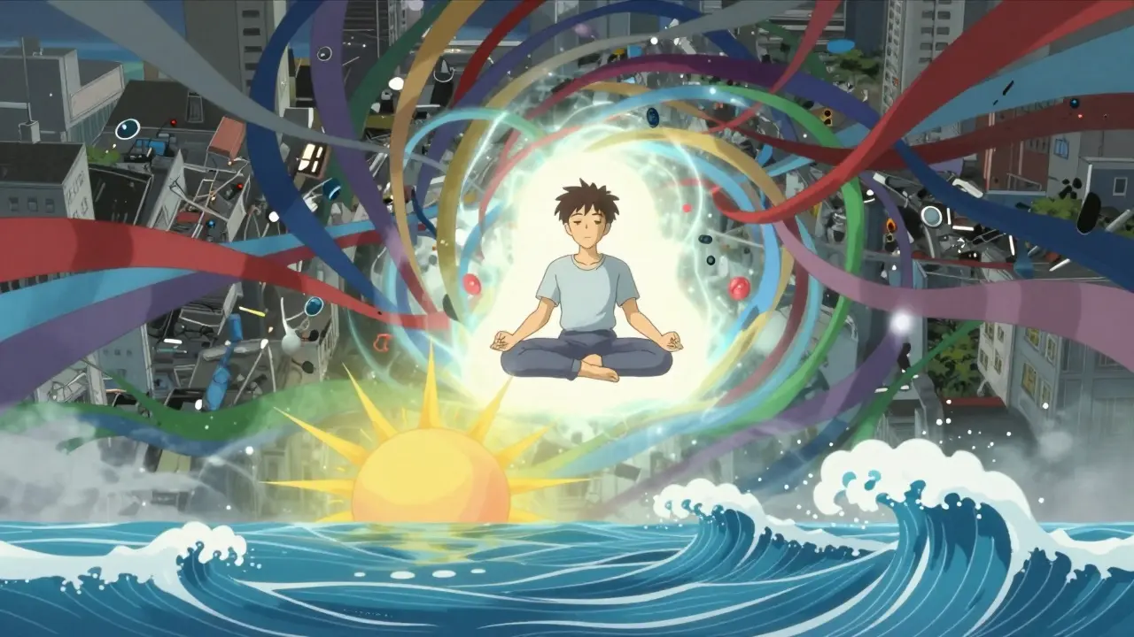 Anime character finding calm through mindfulness amidst chaotic swirls