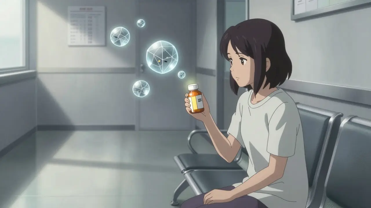 Anime woman in clinic deciding between antibiotics and probiotics for yeast prevention.