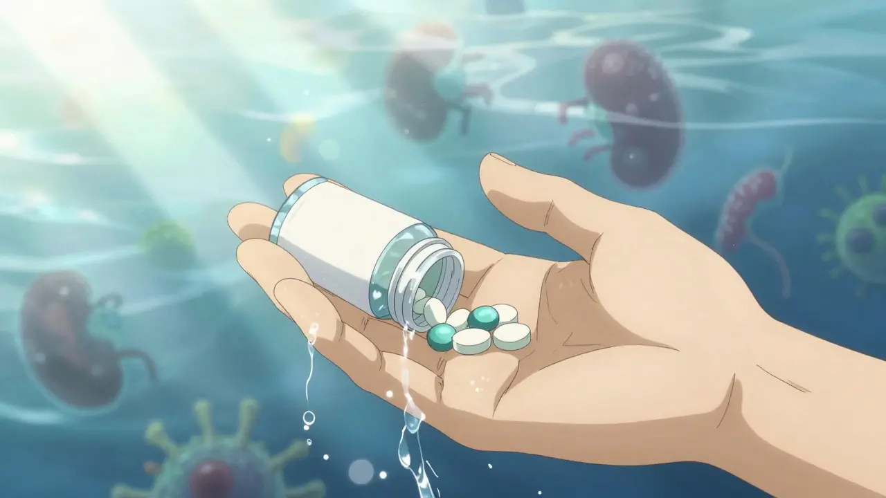 Hand holding antibiotics with surreal water imagery symbolizing recovery and hydration.