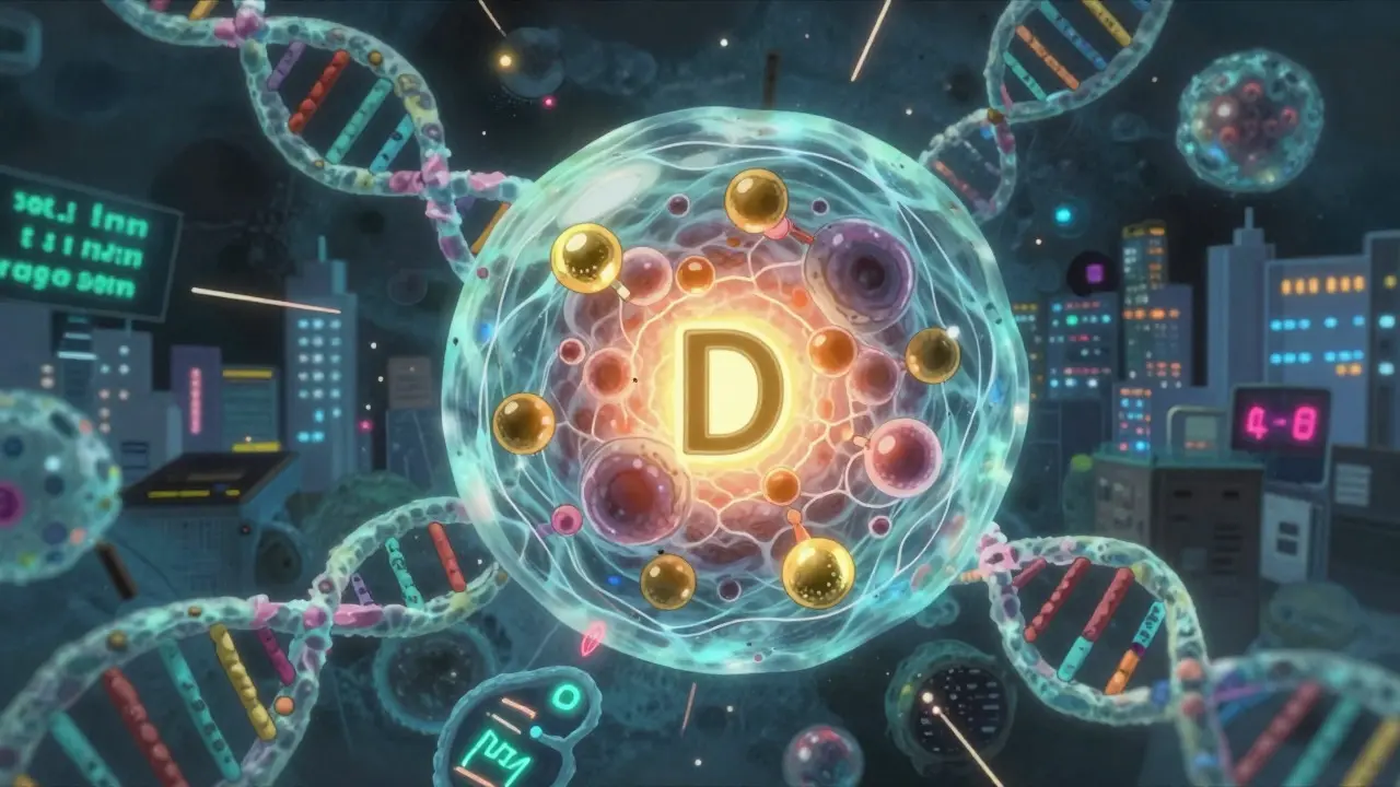 Microscopic anime view of vitamin D binding to a cell receptor, triggering DNA changes in a dreamlike style.