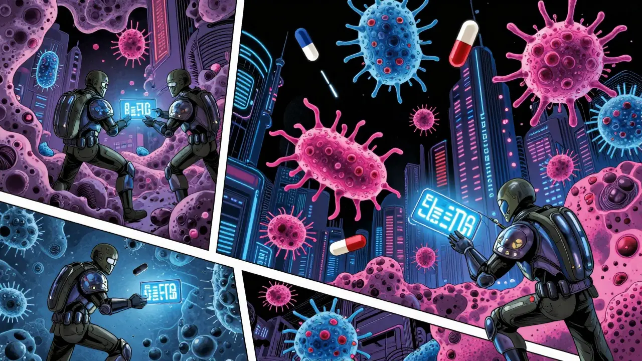 Microscopic bacteria swapping genetic shields in a neon cyberpunk style