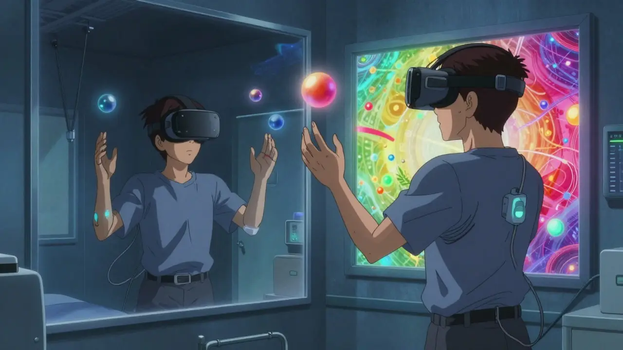 Patient using VR headset with fantasy reflection in mirror