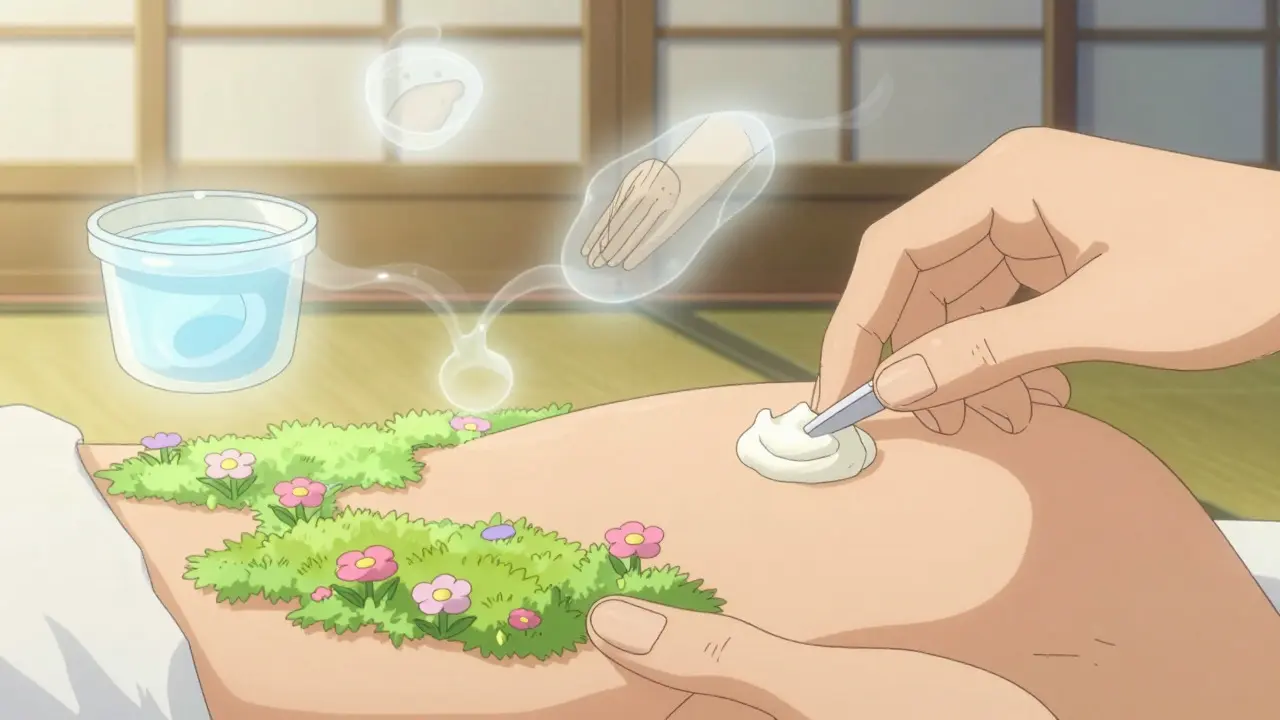 Serene anime scene of applying cream transforming skin into a calm garden