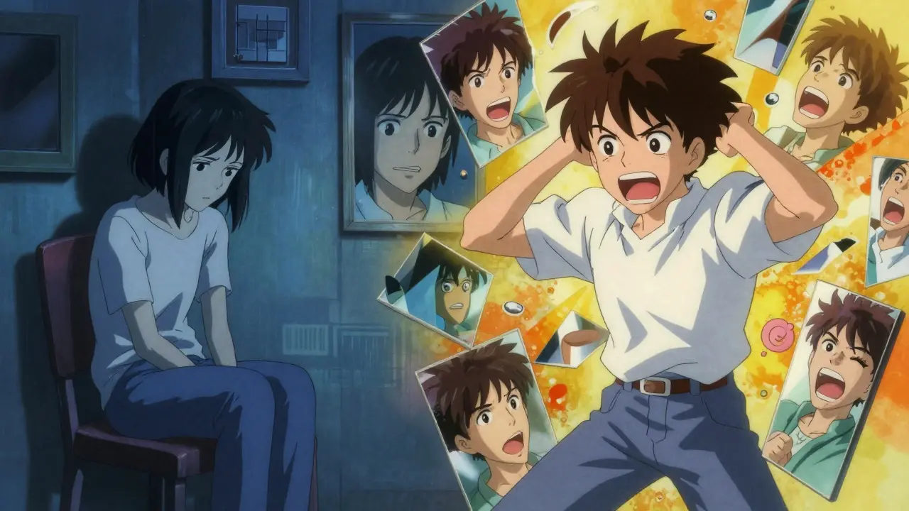 Split screen anime art showing contrasting mood swings and emotions