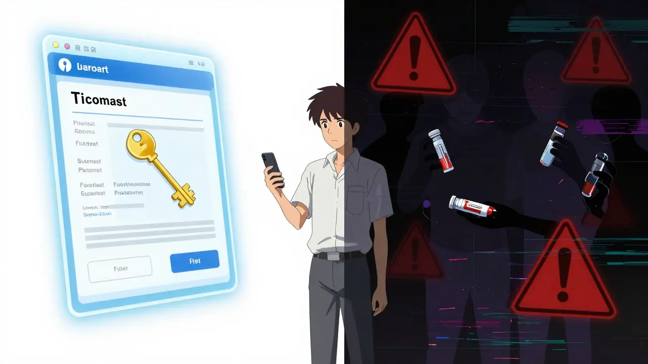 Split screen anime art showing safe digital pharmacy vs dark counterfeit market