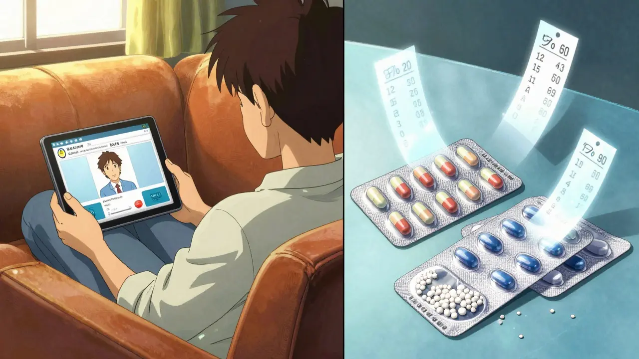 Split screen anime scene comparing telehealth consultation with medication packaging