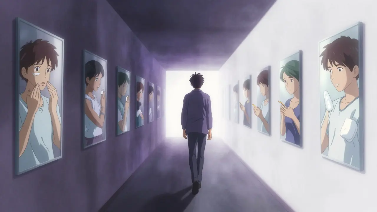 Surreal anime corridor showing the journey from yeast infection symptoms to recovery.