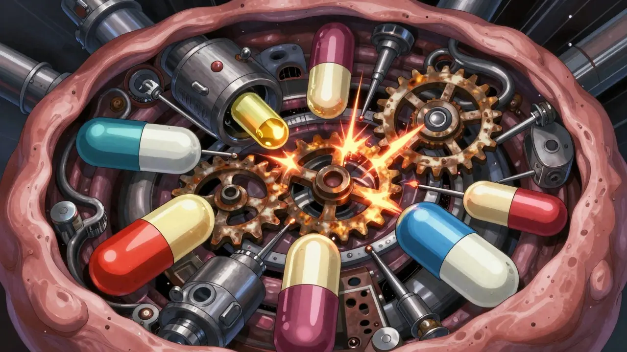 Surreal anime depiction of internal metabolic gears processing medication with golden light