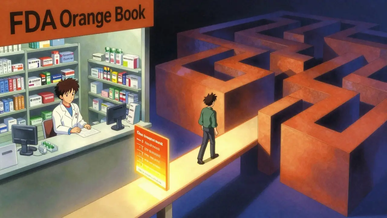 Surreal bridge connecting a pharmacy to an abstract equivalence maze