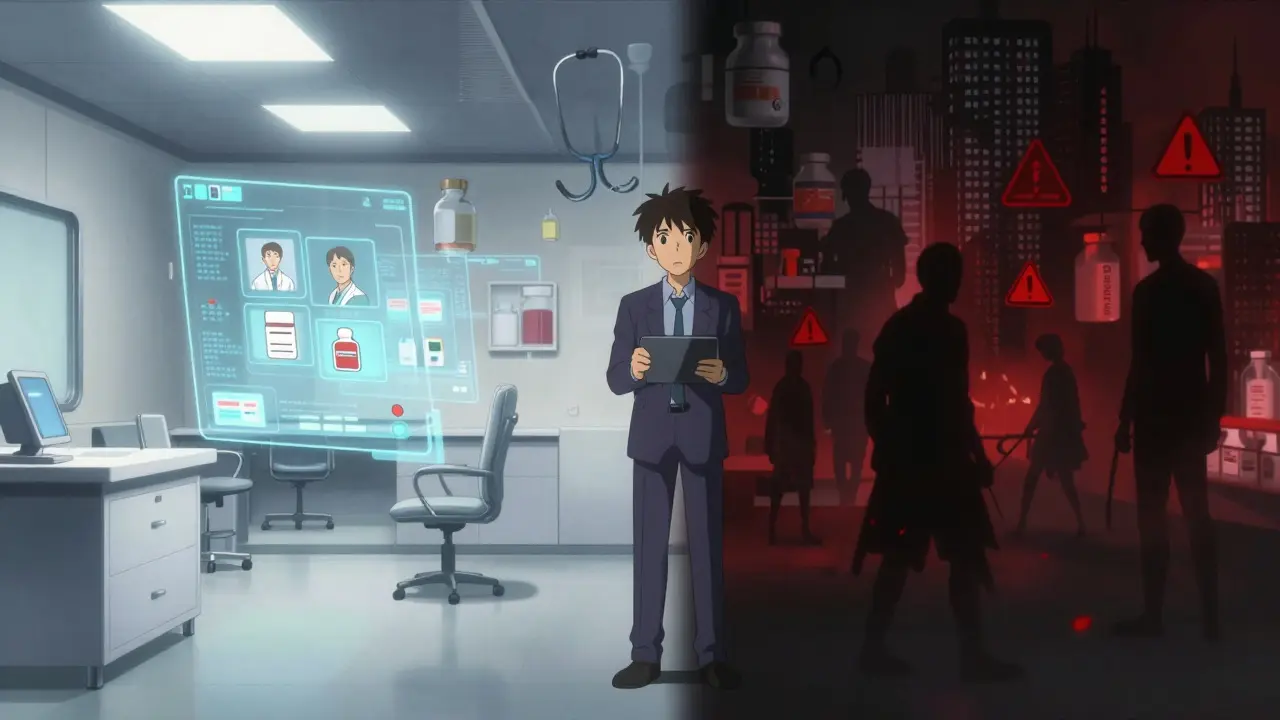 Surreal depiction of choosing between safe telehealth and risky online pharmacies.