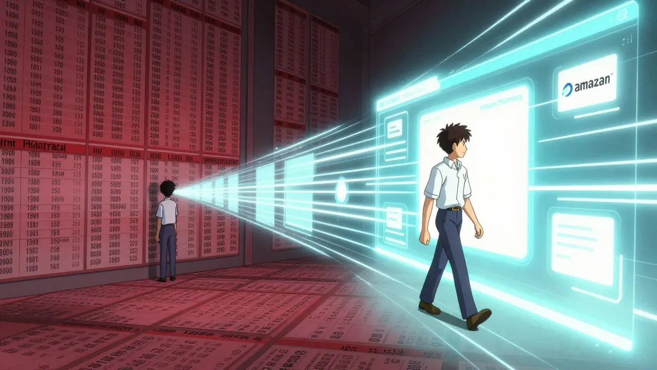 A character moving from expensive pharmacy walls to a bright digital online platform.