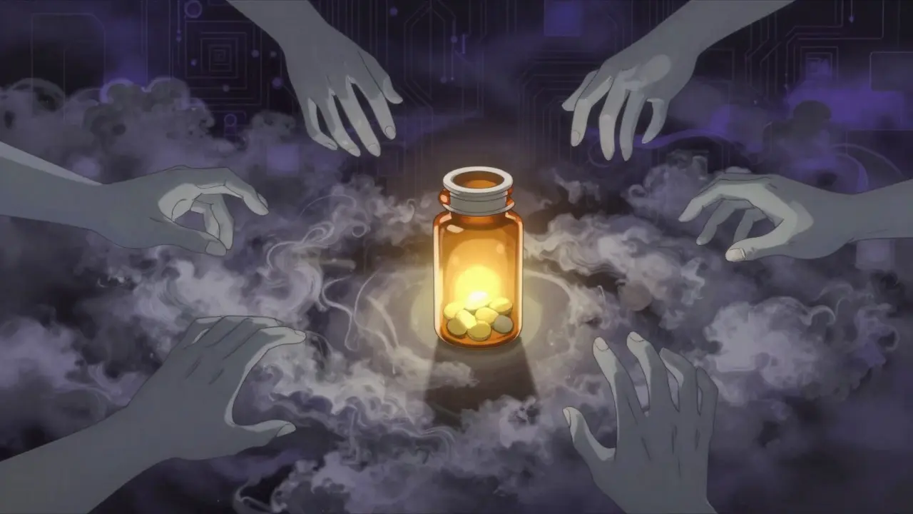 A glowing pill bottle surrounded by shadowy hands in a surreal void