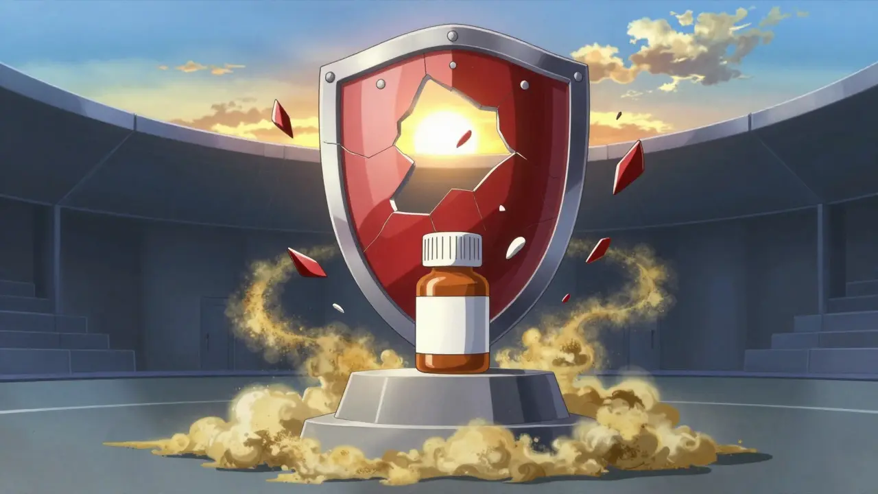 Anime art showing a victorious generic drug bottle on a pedestal with a shattered red shield behind it