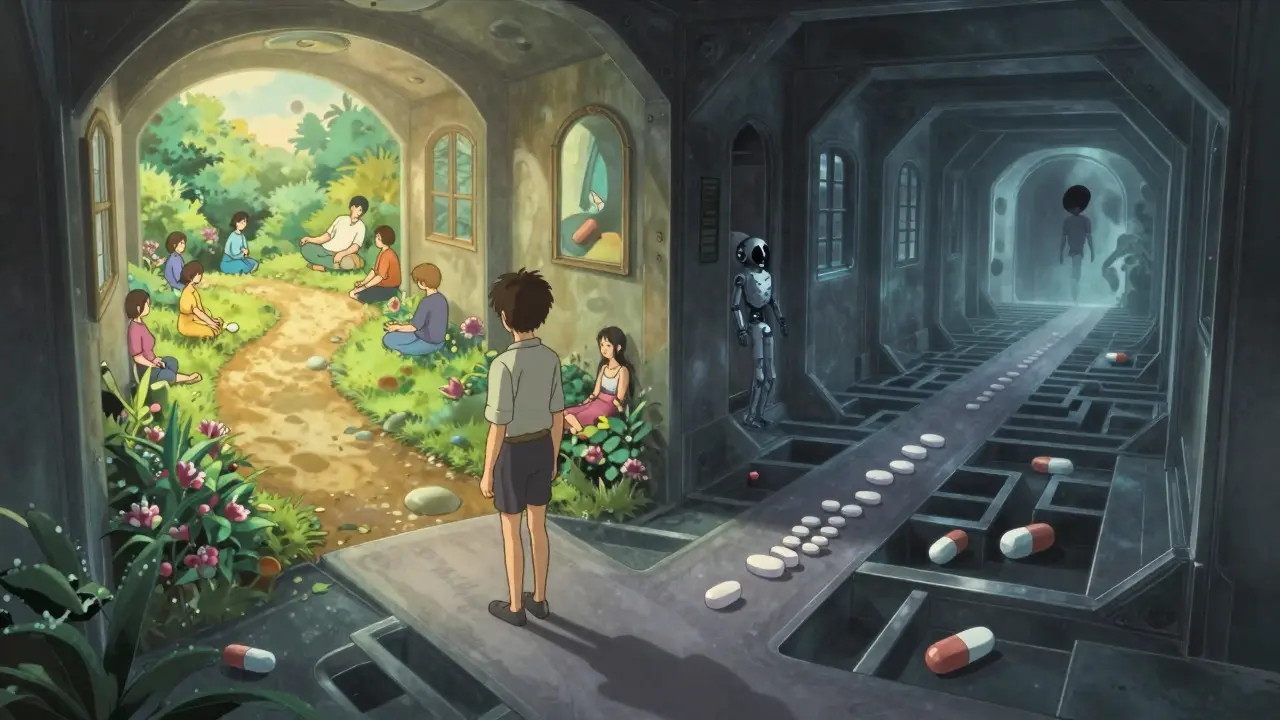 Anime figure choosing between natural therapy and pill dependency labyrinth